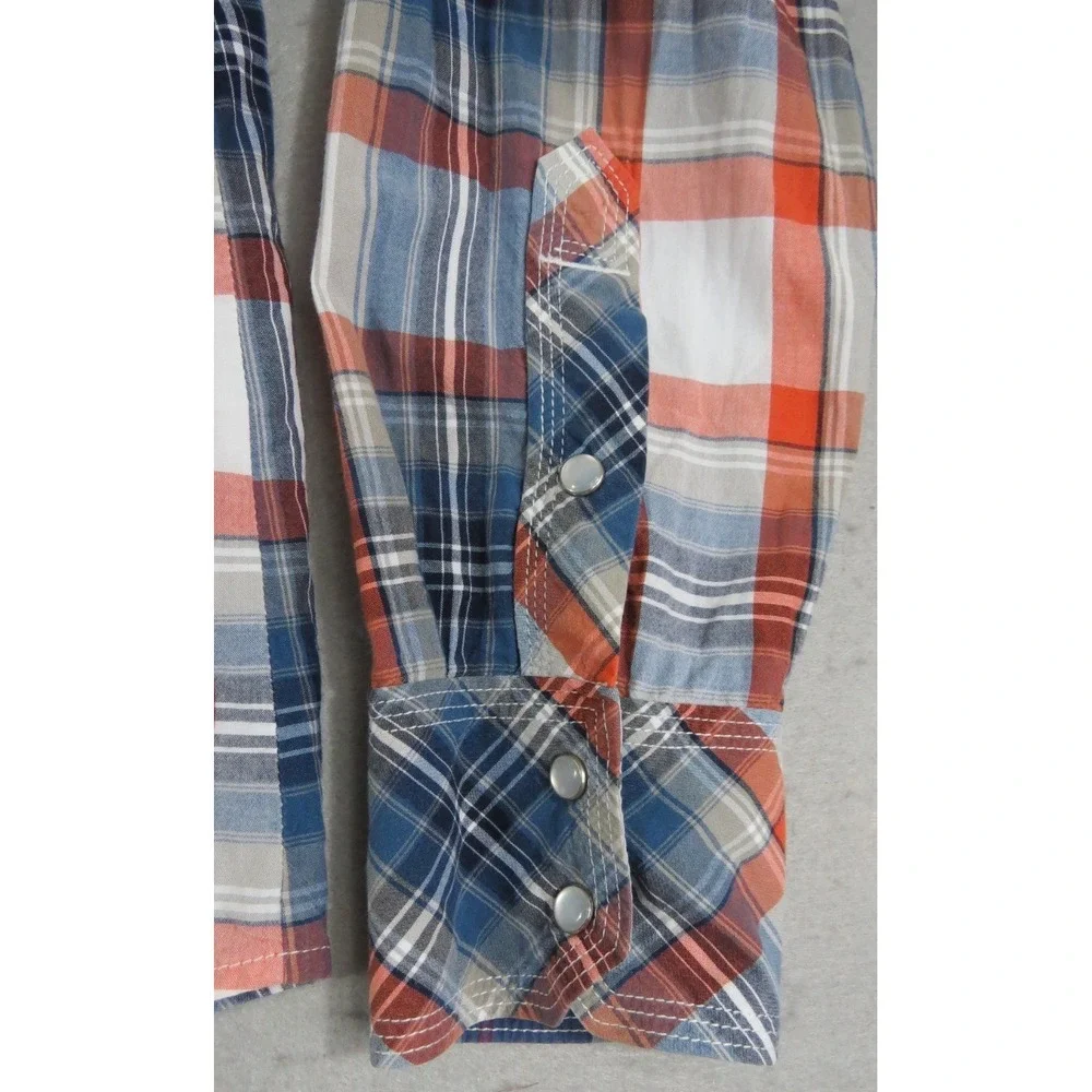 True Religion Premium Western Plaid Pearl Snap Shirt Men XL Red Blue Flap Pocket
